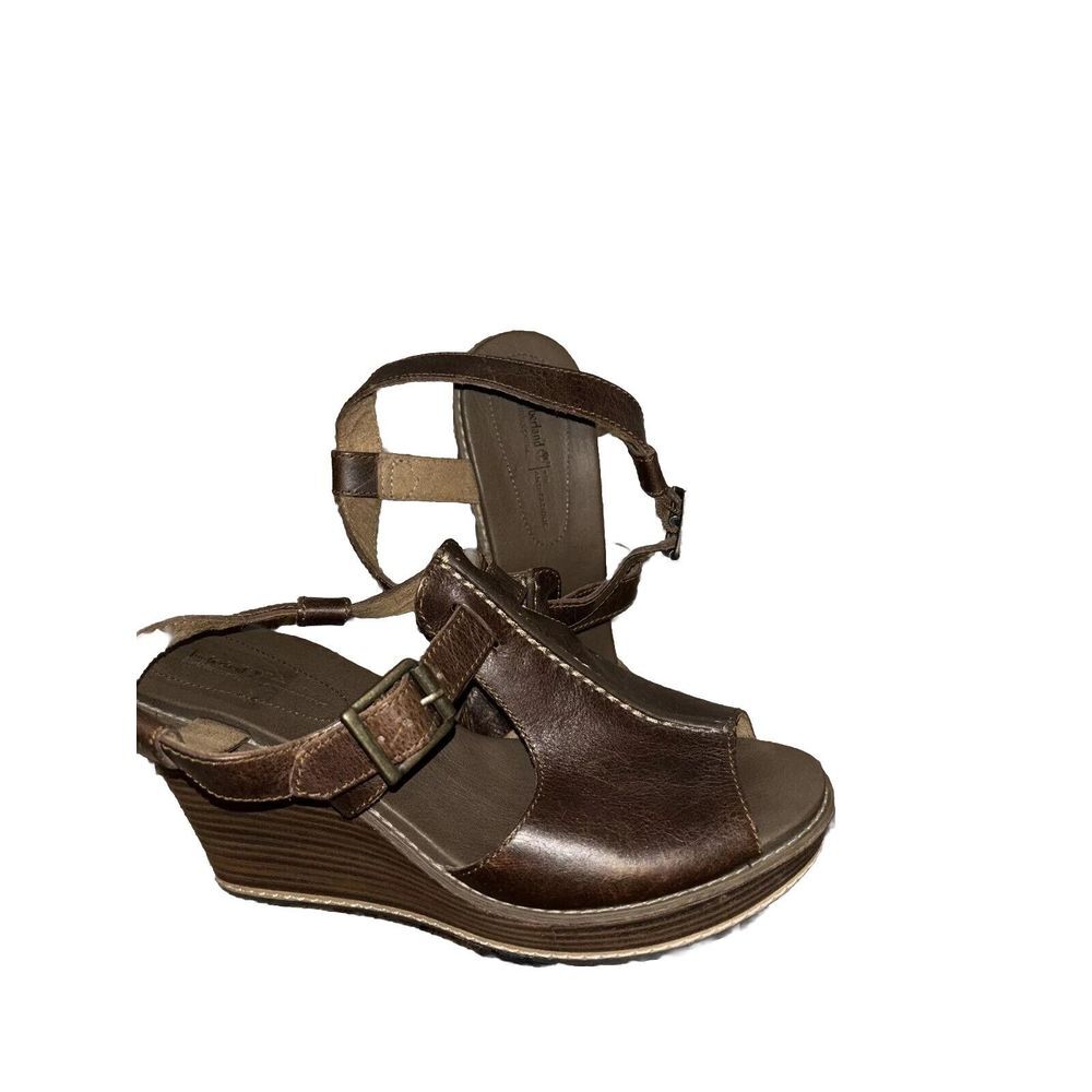 Timberland Earthkeepers Danforth Brown Wedge Leather Sandals Size 9 Anti-Fatigue